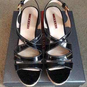 Prada black patent wedges